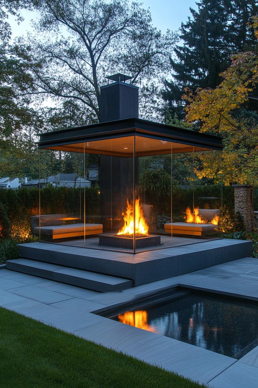 modern backyard with small firepit in glass gazebo with chimney and seating 1