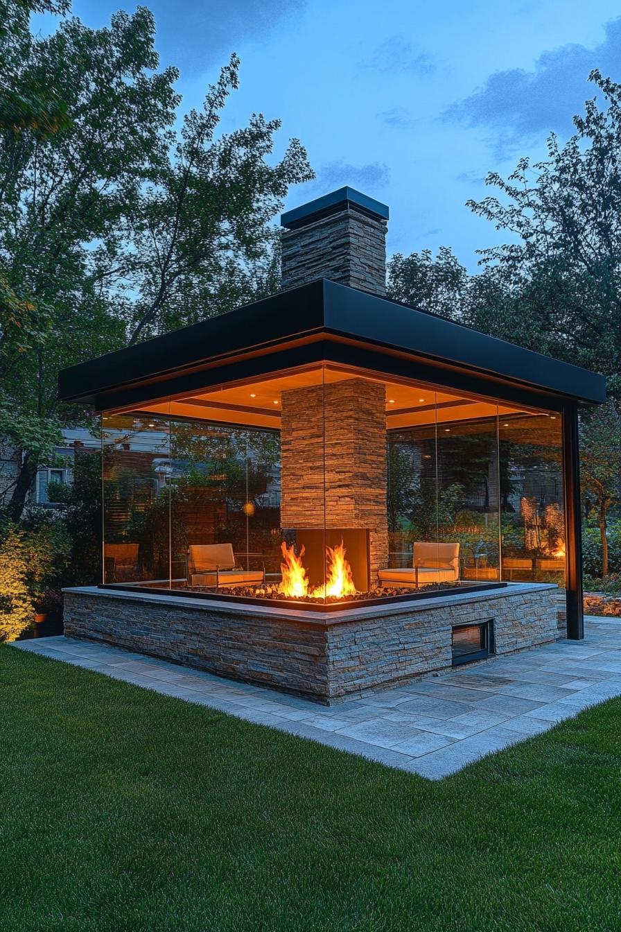 modern backyard with small firepit in glass gazebo with chimney and seating 2