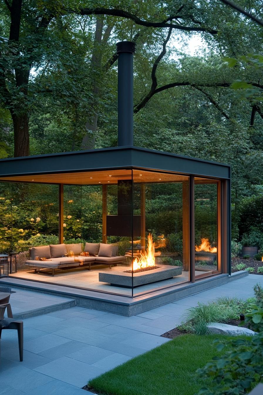 modern backyard with small firepit in glass gazebo with chimney and seating 3