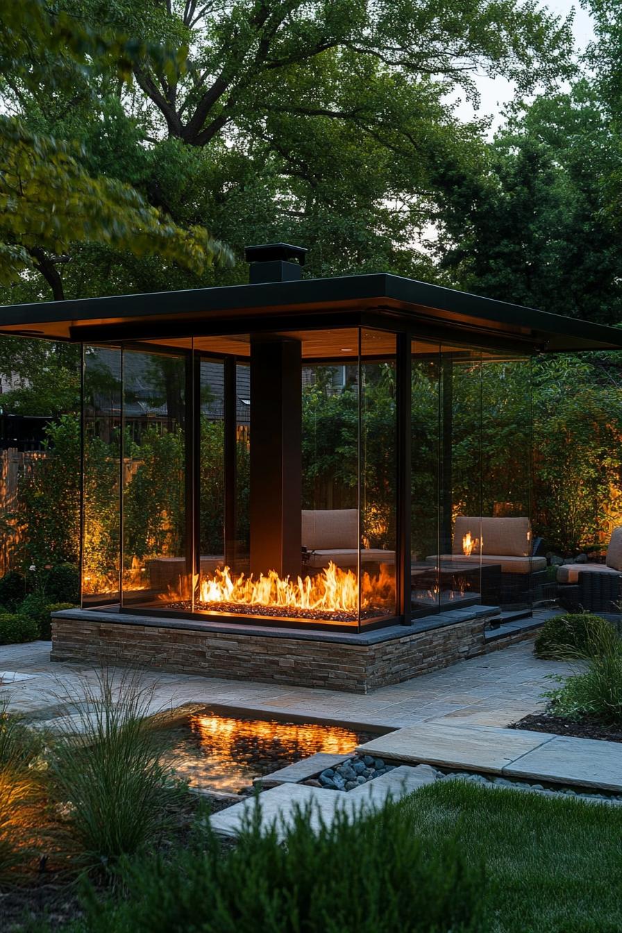 modern backyard with small firepit in glass gazebo with chimney and seating