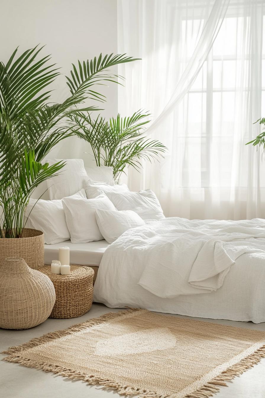 modern boho bedroom interior with leafy plants in minimalist pots 1