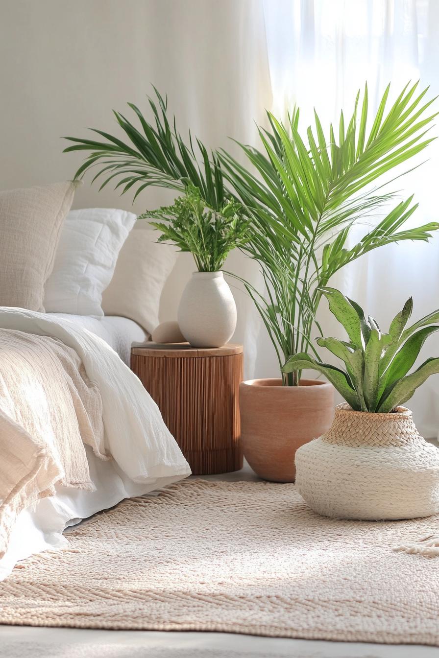 modern boho bedroom interior with leafy plants in minimalist pots 2