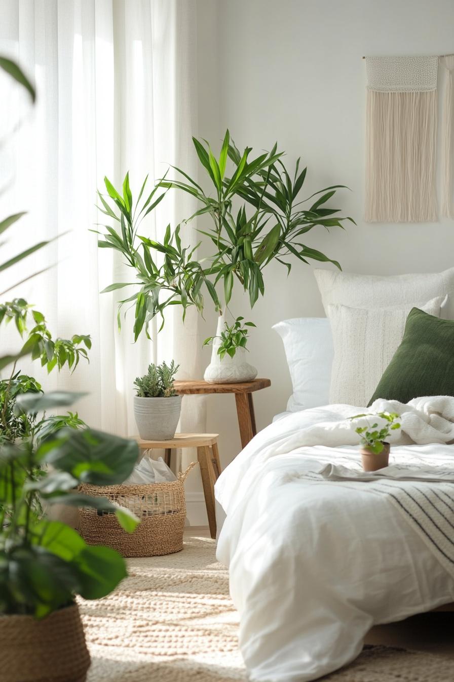 modern boho bedroom interior with leafy plants in minimalist pots 3