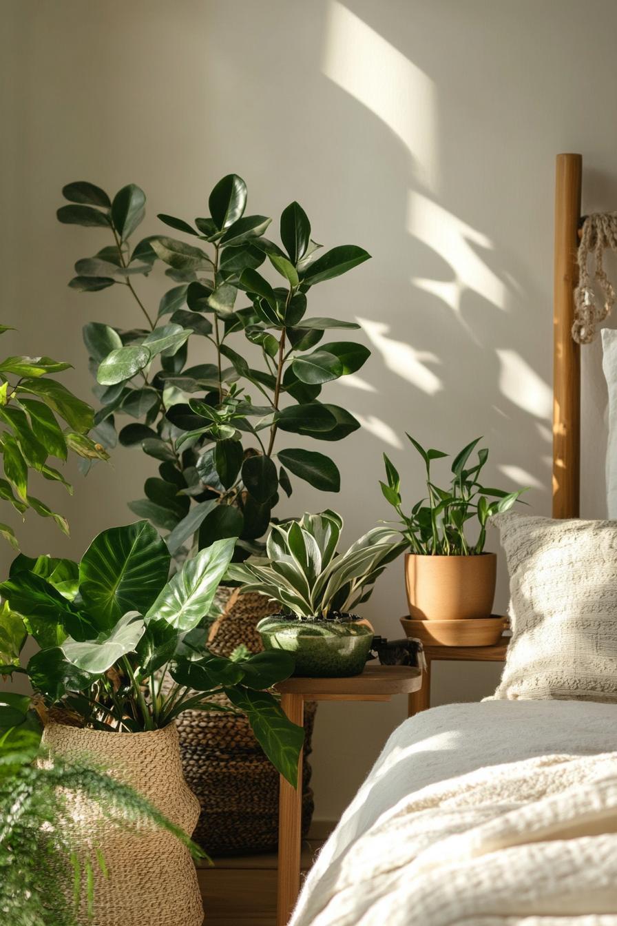 modern boho bedroom interior with leafy plants in minimalist pots