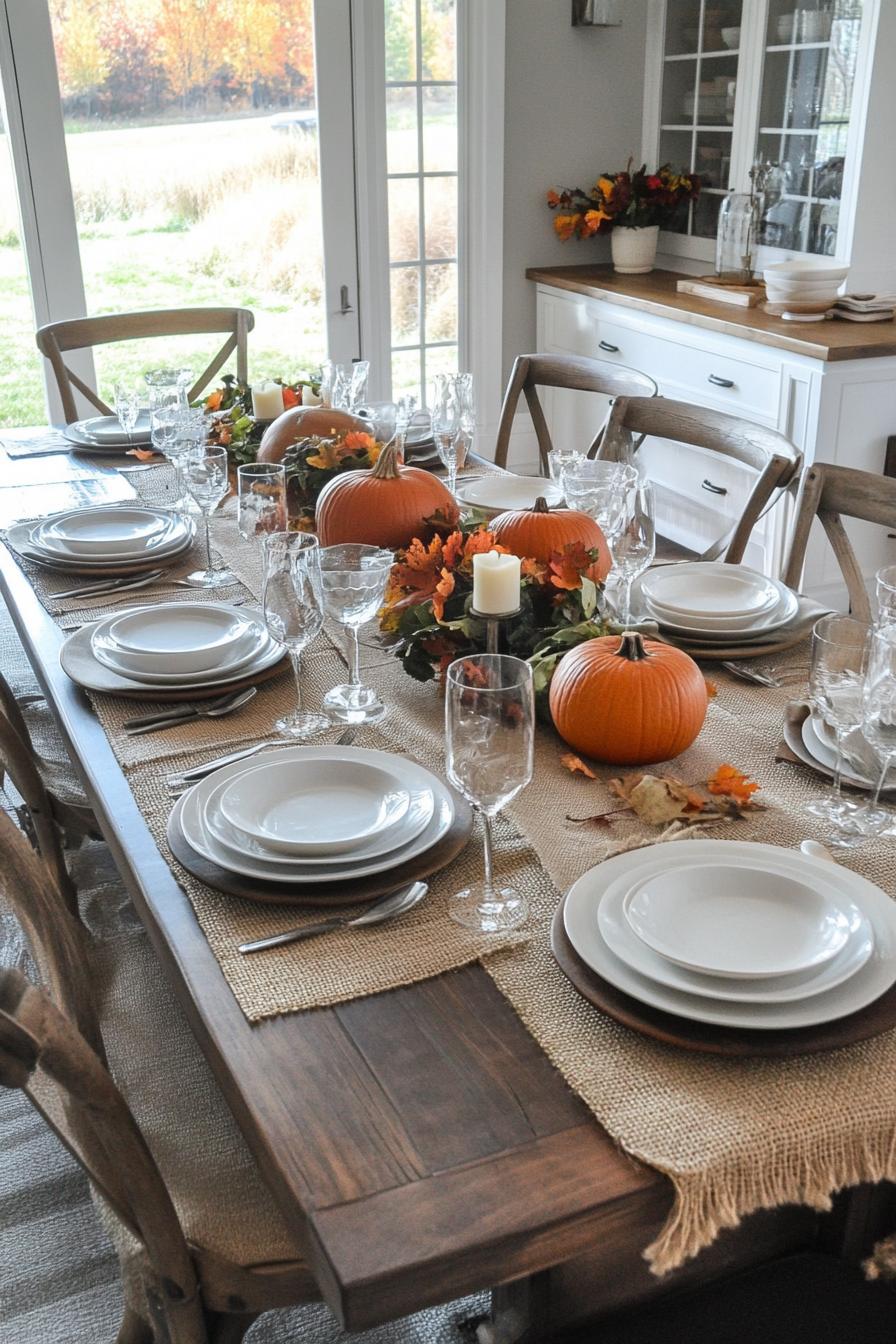 modern farmhouse interior dining table fall decor with burlap table runner 1