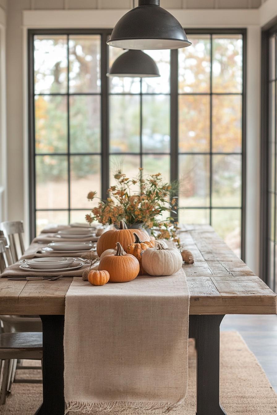 modern farmhouse interior dining table fall decor with burlap table runner 2