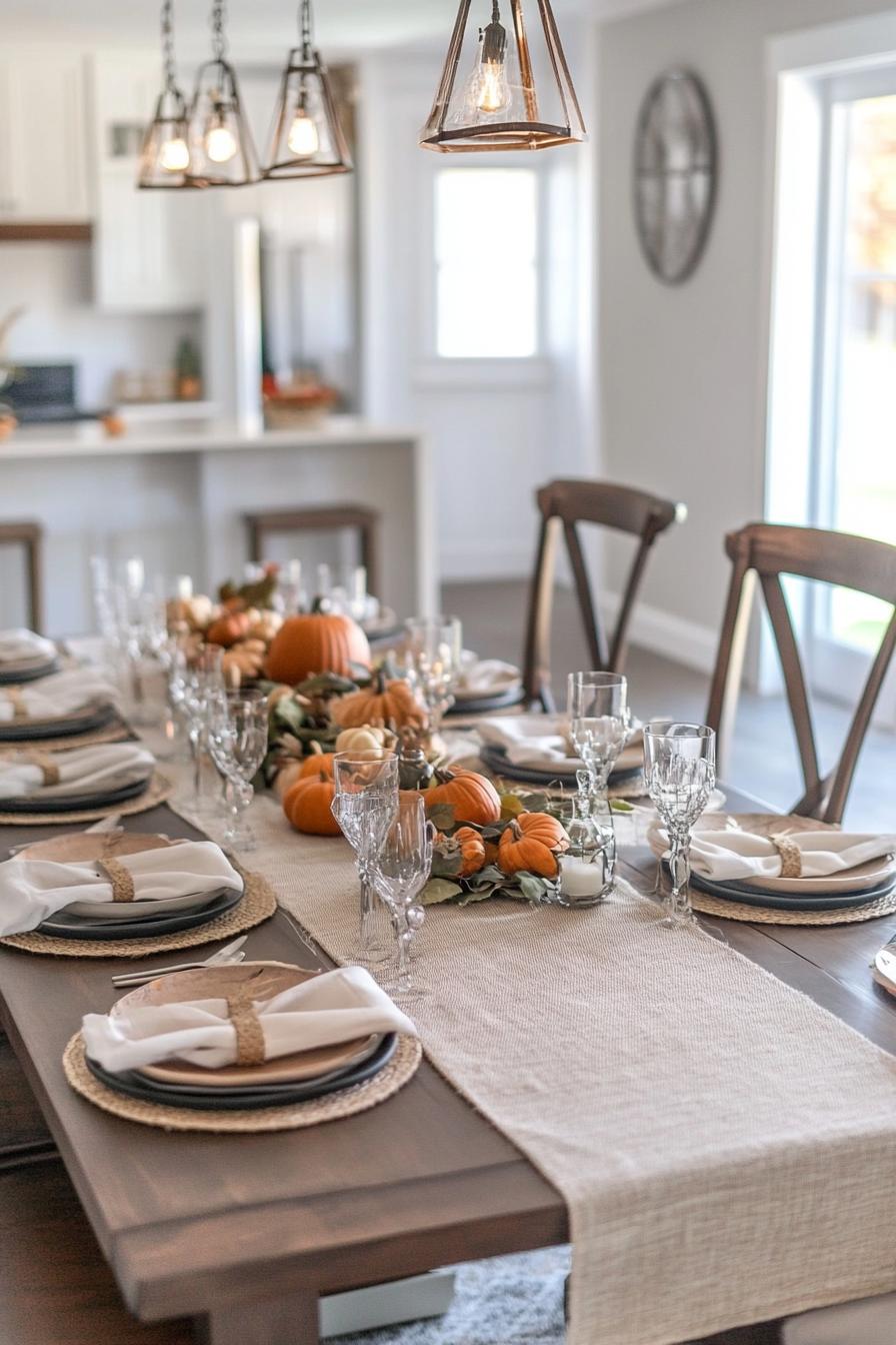 modern farmhouse interior dining table fall decor with burlap table runner 3