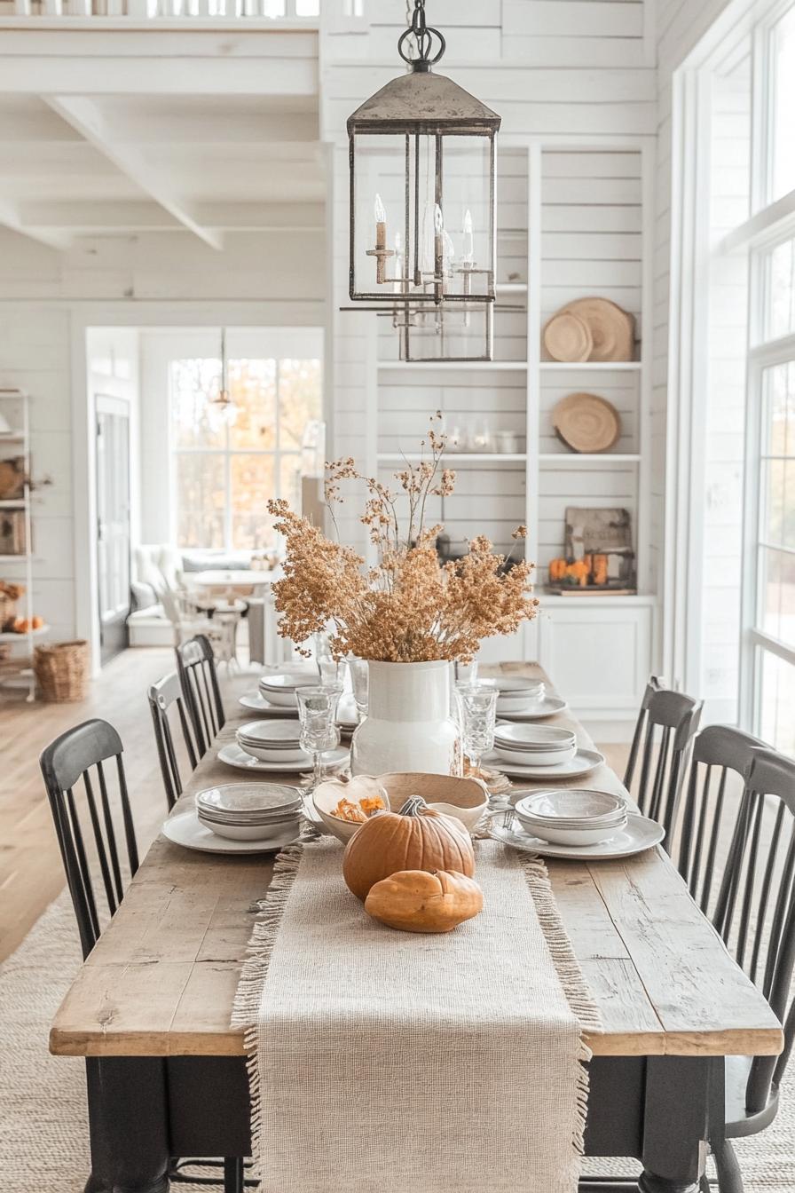 modern farmhouse interior dining table fall decor with burlap table runner