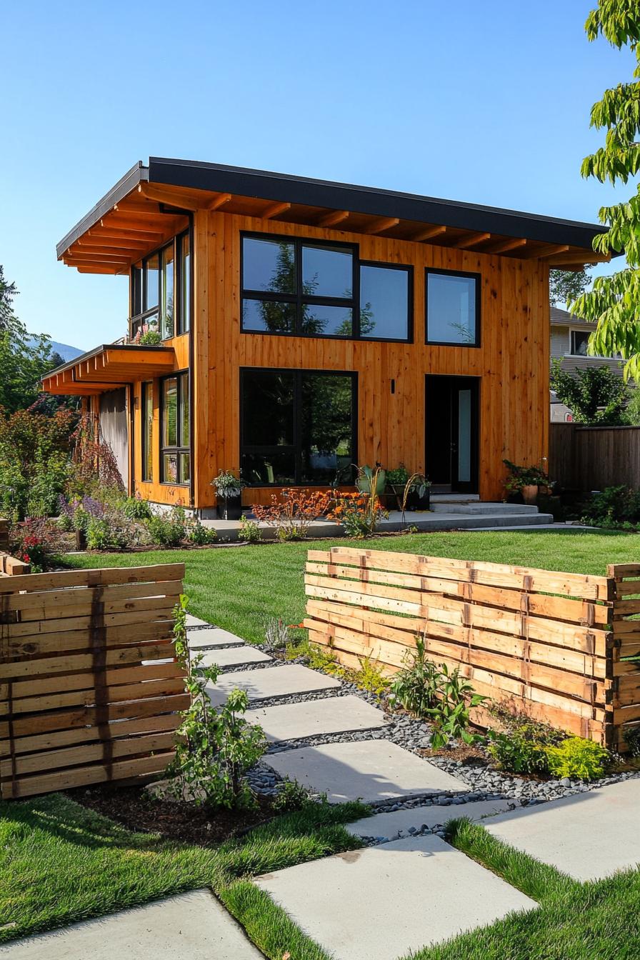 modern house front yard fence of pallet wood wide view 1