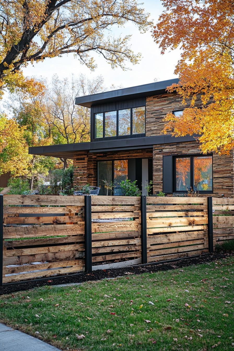 modern house front yard fence of pallet wood wide view 2