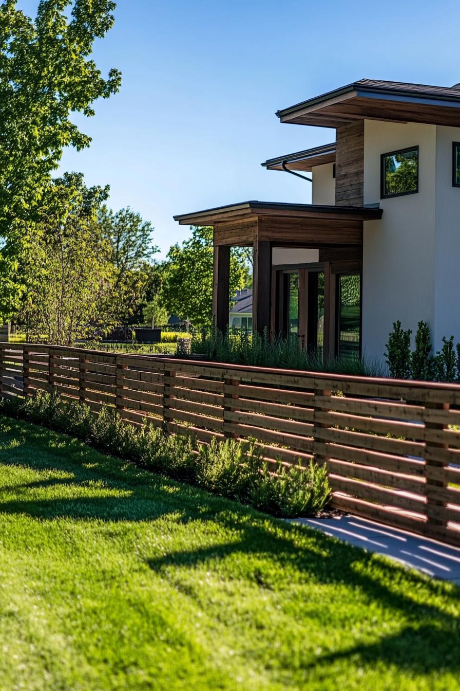 modern house front yard fence of pallet wood wide view