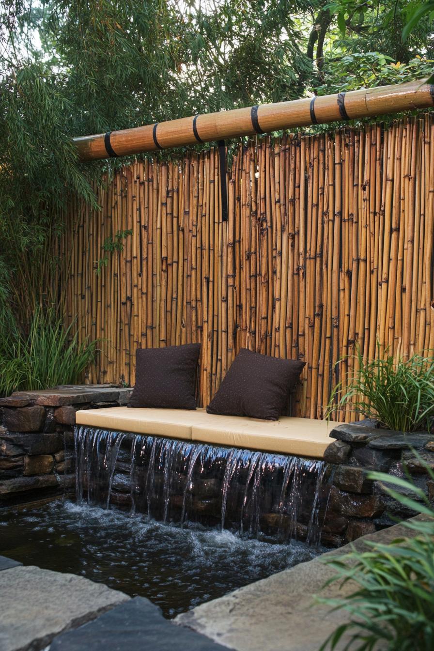 bamboo fence backyard seating section with water feature 1