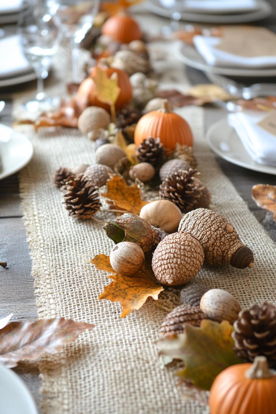 fall decor table centerpiece with burlap runner with acorns and leafs 1