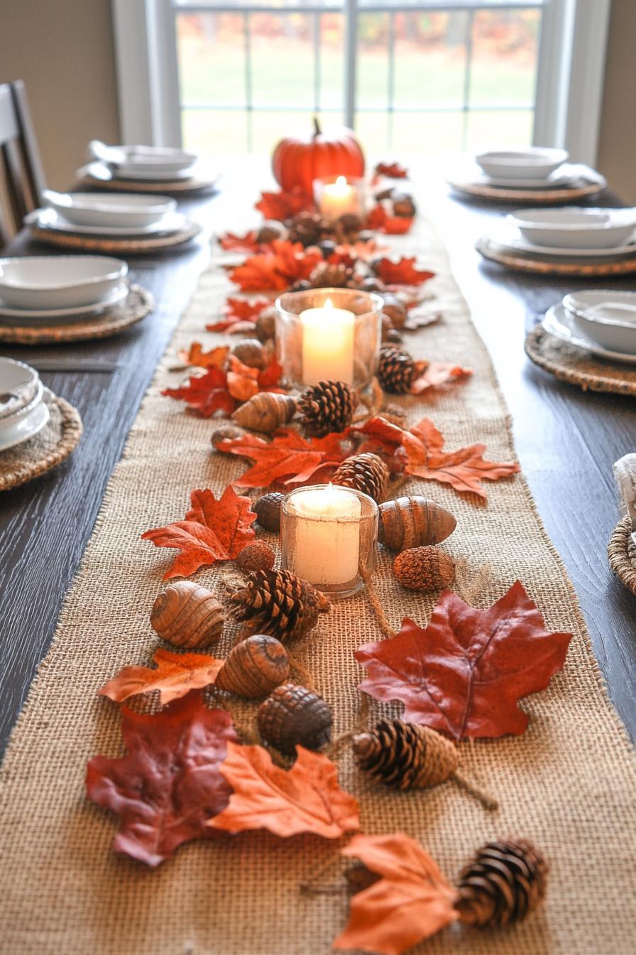 fall decor table centerpiece with burlap runner with acorns and leafs 2