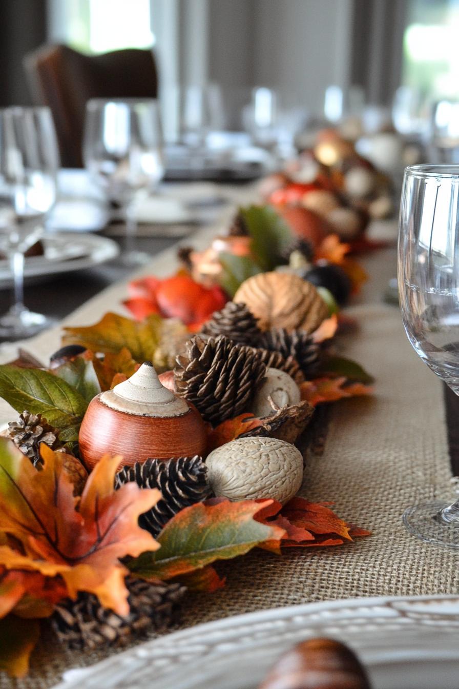 fall decor table centerpiece with burlap runner with acorns and leafs 3