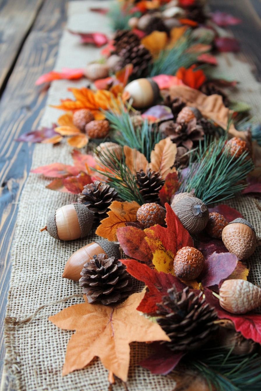 fall decor table centerpiece with burlap runner with acorns and leafs