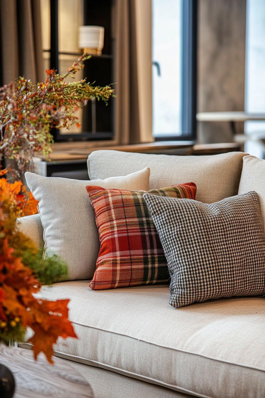 living room interior sofa decorated for fall with plaid throw pillows 1