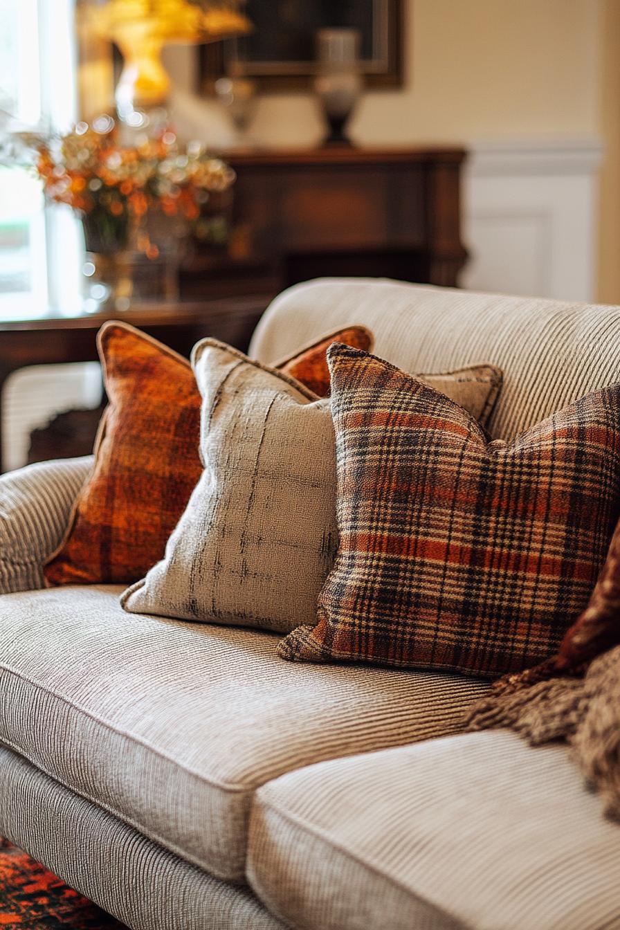 living room interior sofa decorated for fall with plaid throw pillows 2