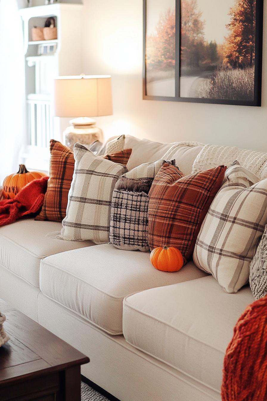 living room interior sofa decorated for fall with plaid throw pillows 3