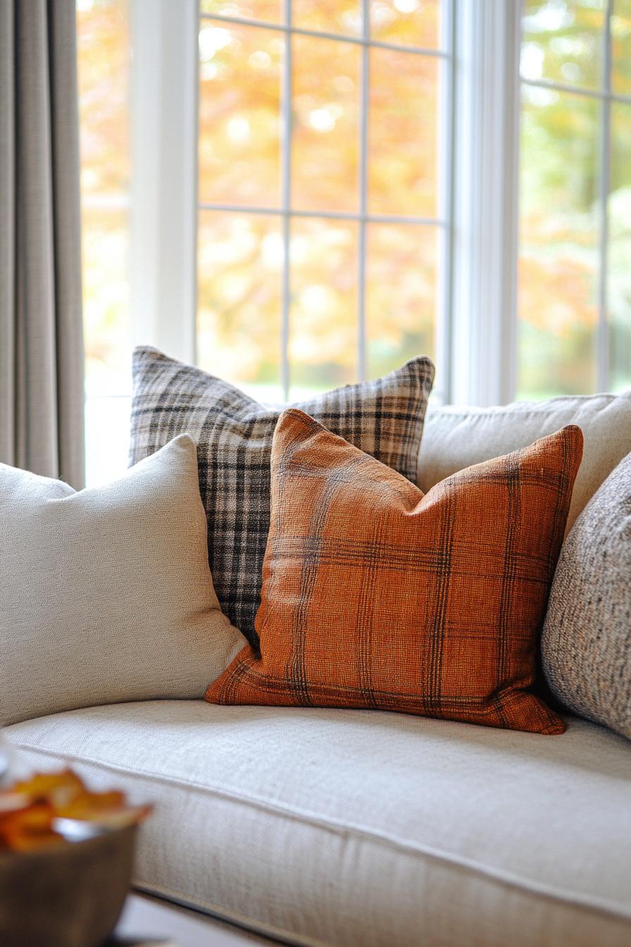 living room interior sofa decorated for fall with plaid throw pillows