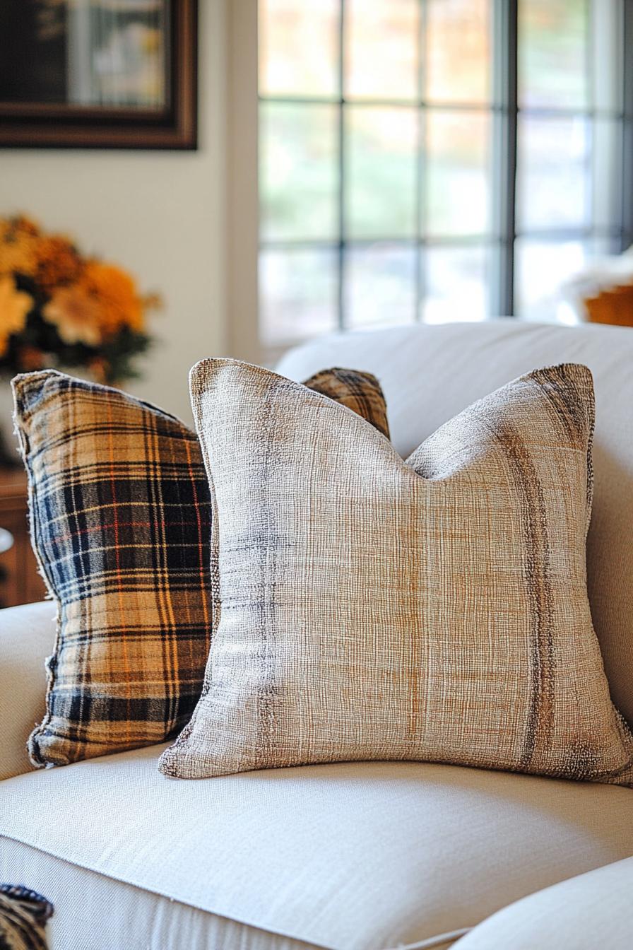 living room sofa fall decor with burlap pillows and plaid accent pillows 1