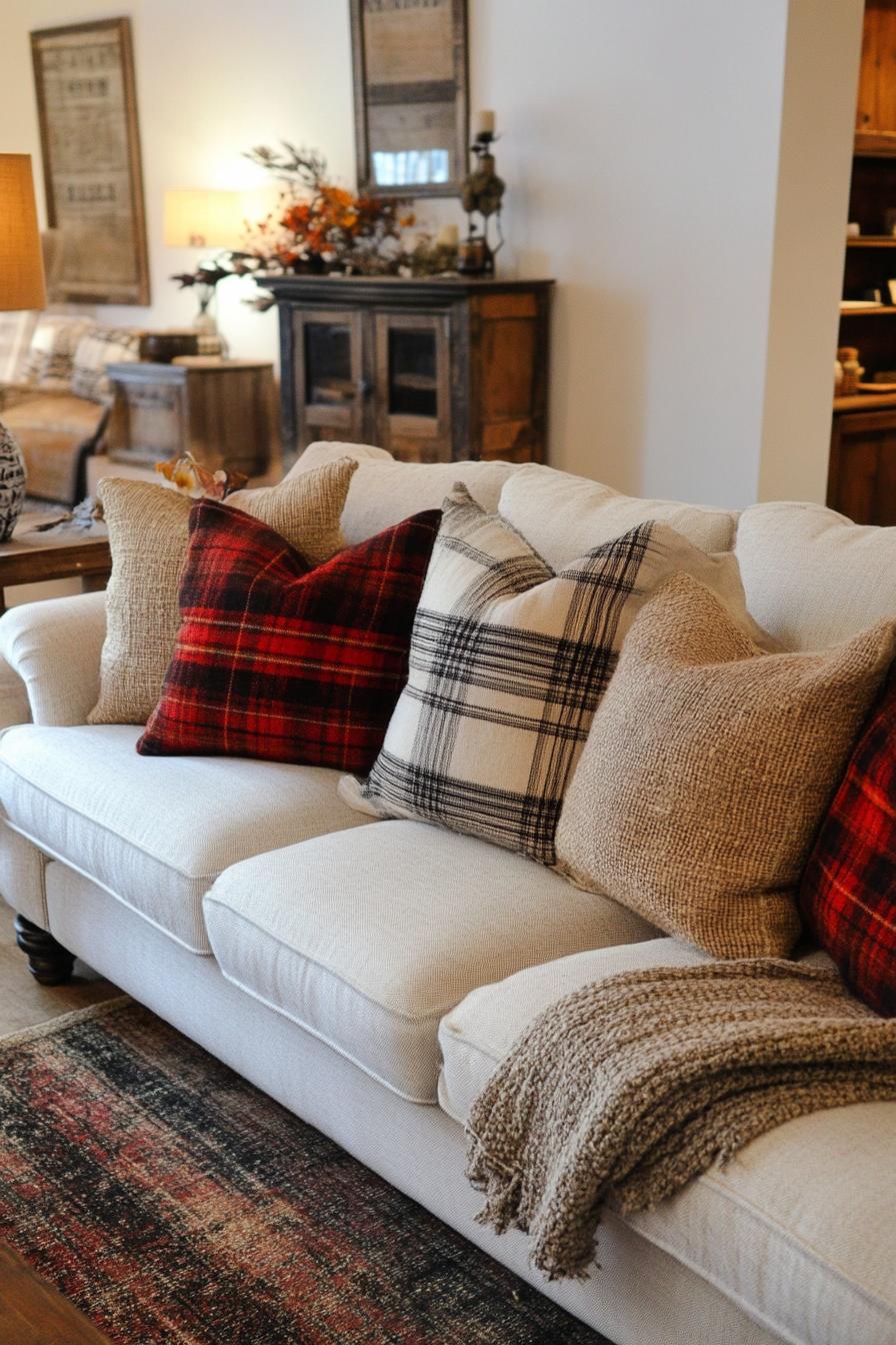 living room sofa fall decor with burlap pillows and plaid accent pillows 2