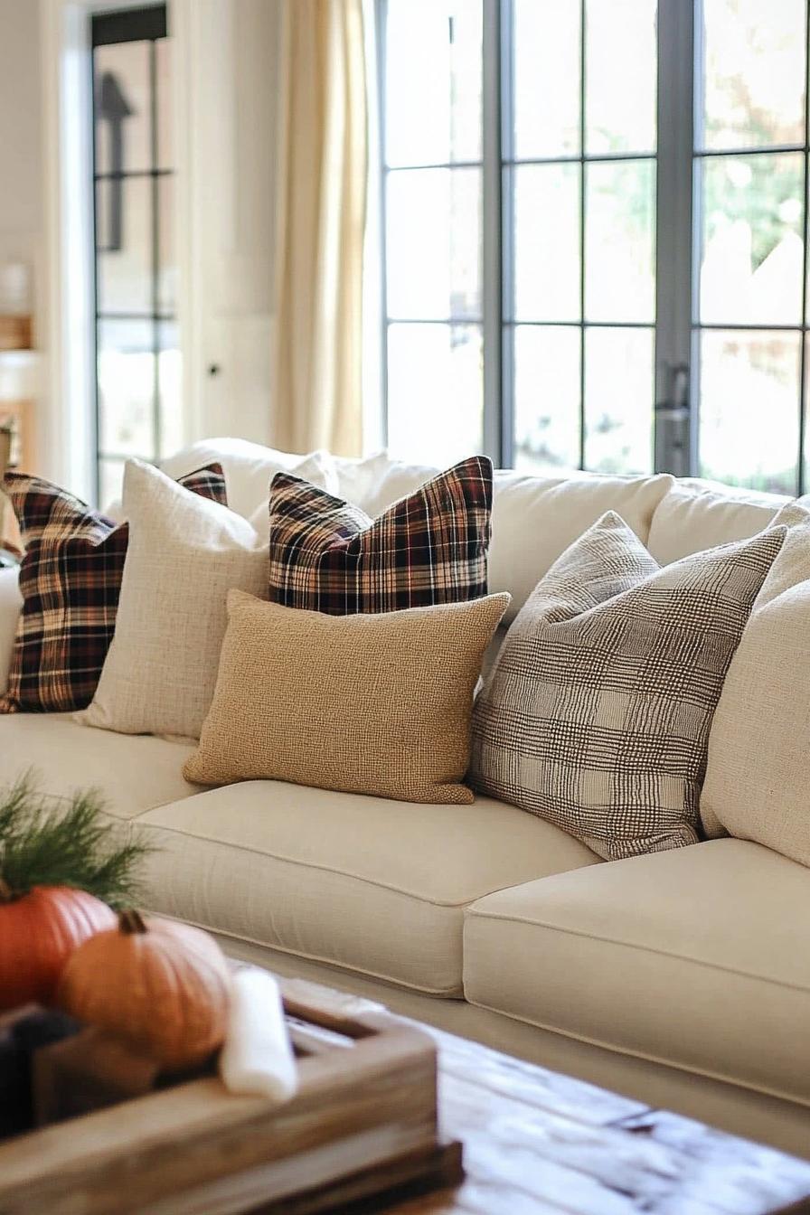 living room sofa fall decor with burlap pillows and plaid accent pillows 3