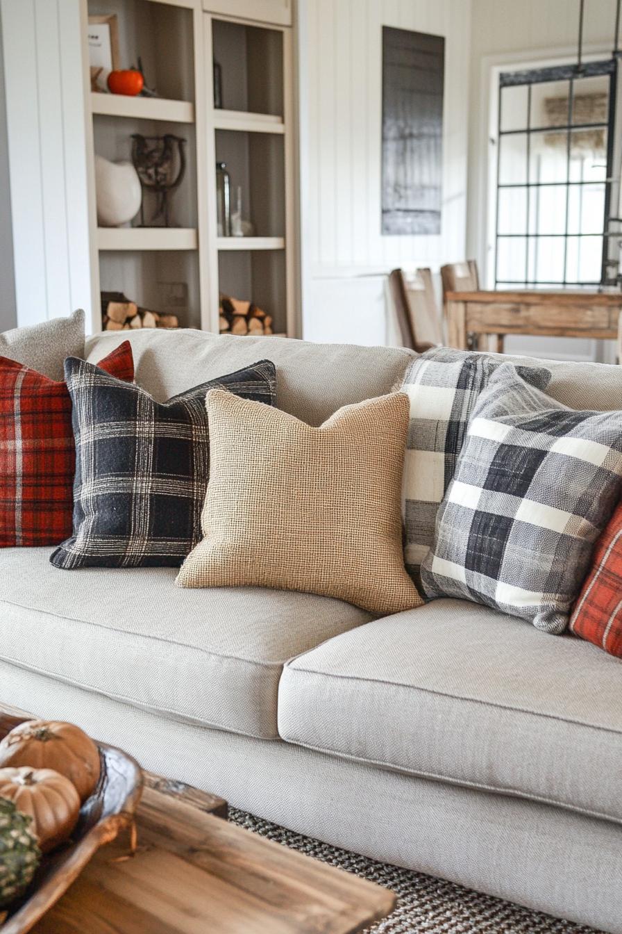 living room sofa fall decor with burlap pillows and plaid accent pillows