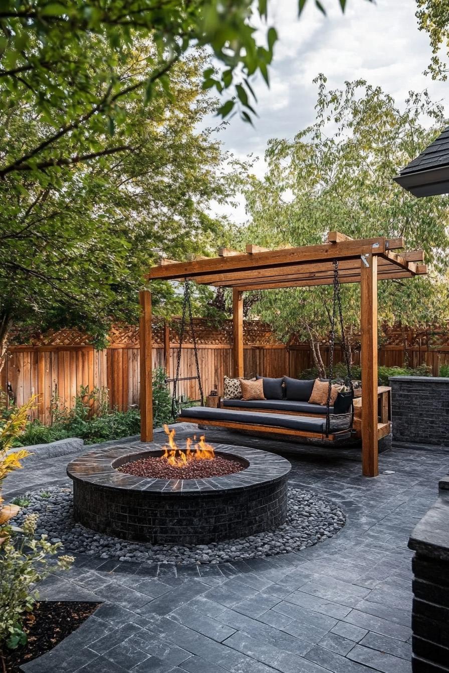 modern backyard with circle fire pit and wooden gazebo with swing seating 1