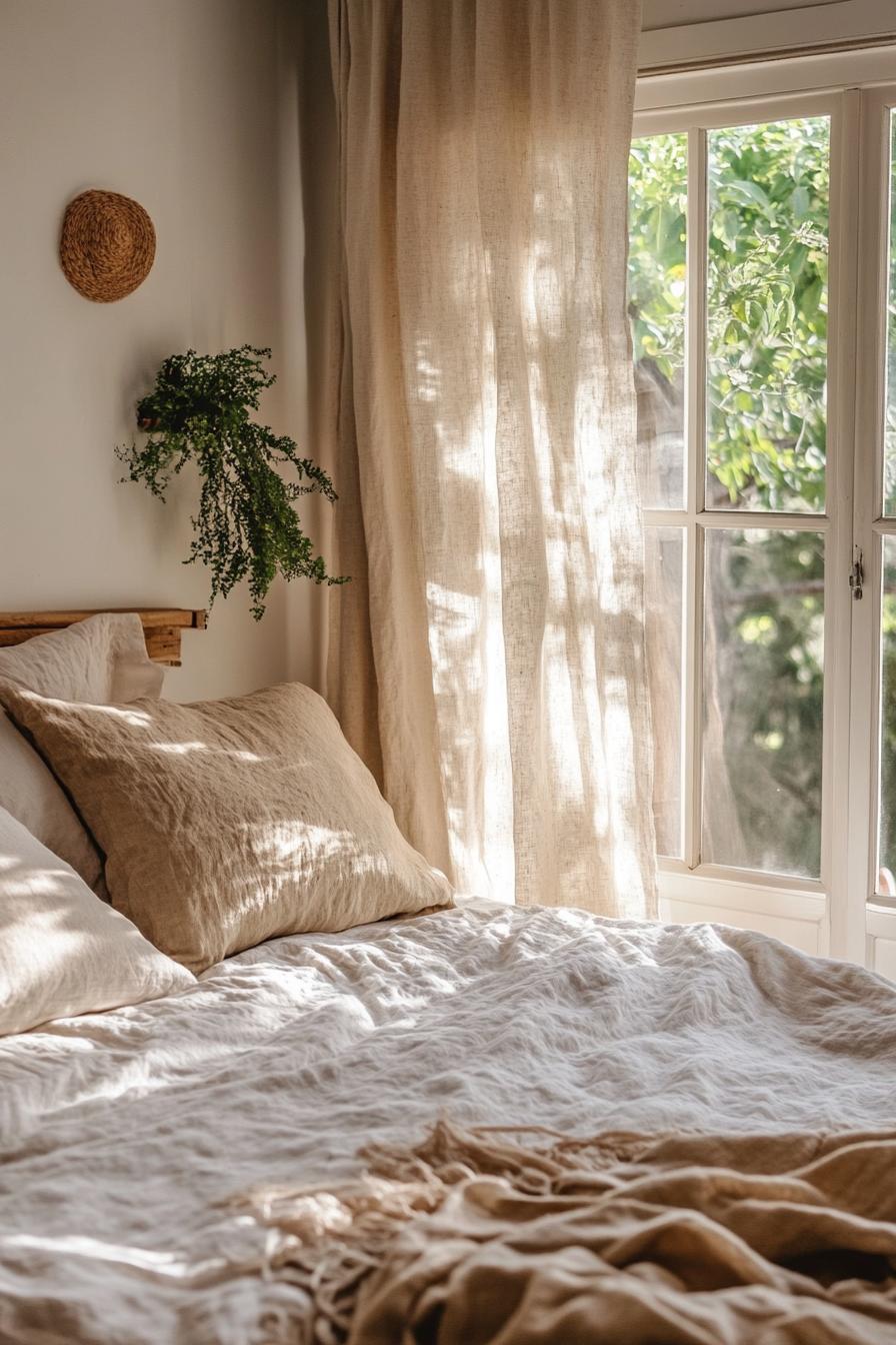 modern boho bedroom interior with linen curtains 1