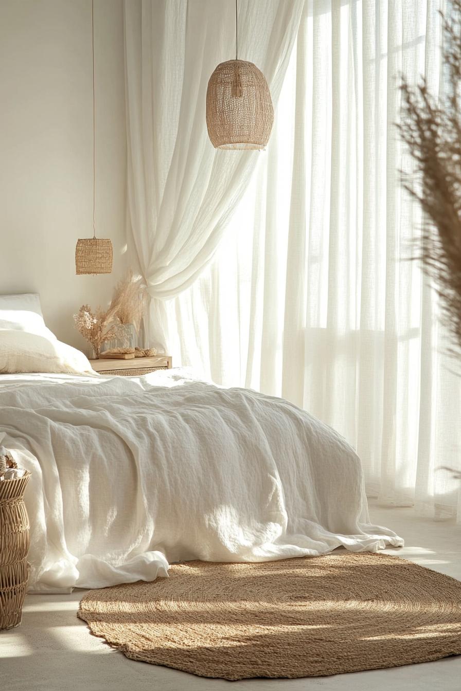 modern boho bedroom interior with linen curtains 2