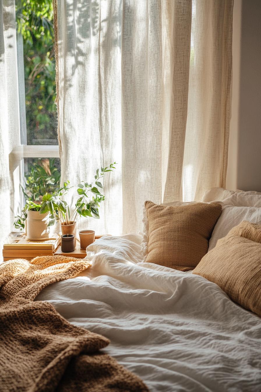 modern boho bedroom interior with linen curtains