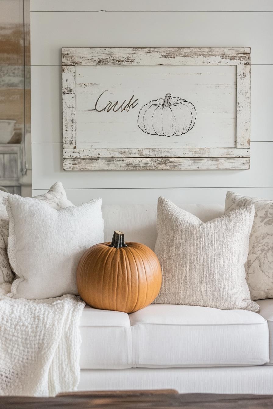 modern farmhouse interior living room fall decor with whitewashed sign showing a pumpkin 1