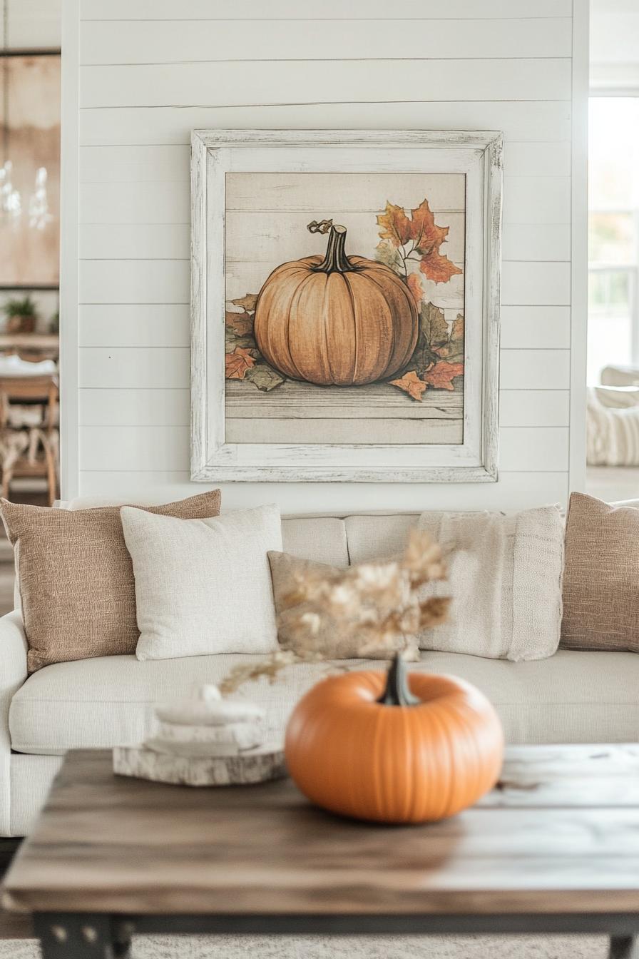 modern farmhouse interior living room fall decor with whitewashed sign showing a pumpkin