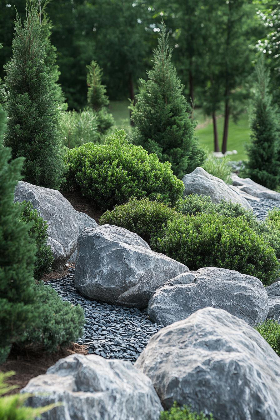 modern garden landscape evergreens and rocks 1