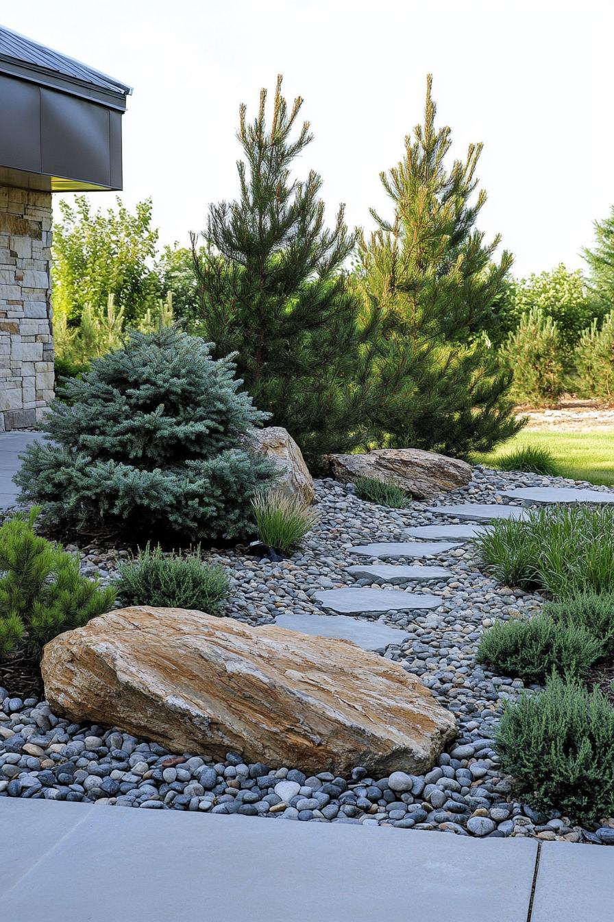 modern garden landscape evergreens and rocks 2