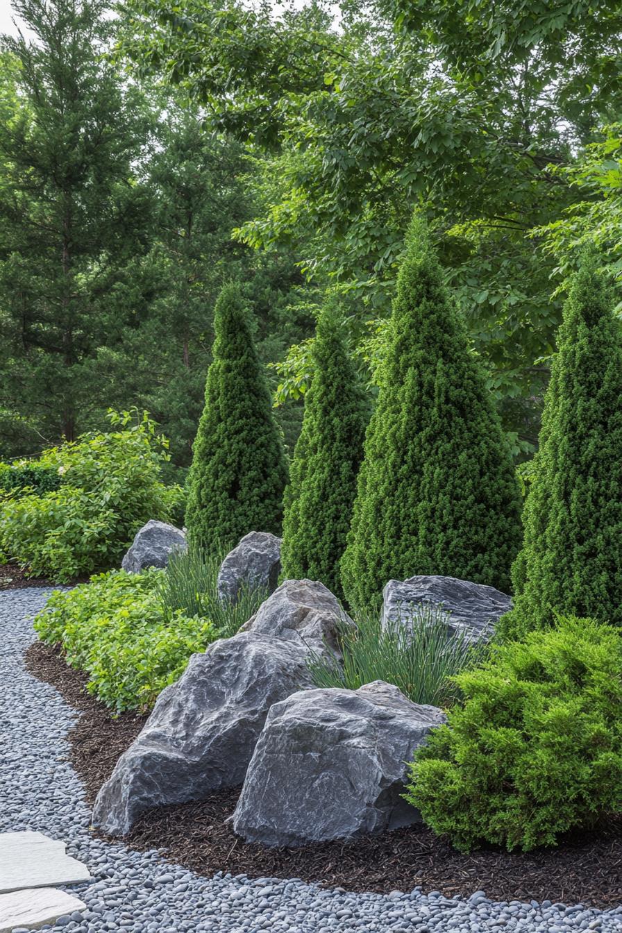 modern garden landscape evergreens and rocks