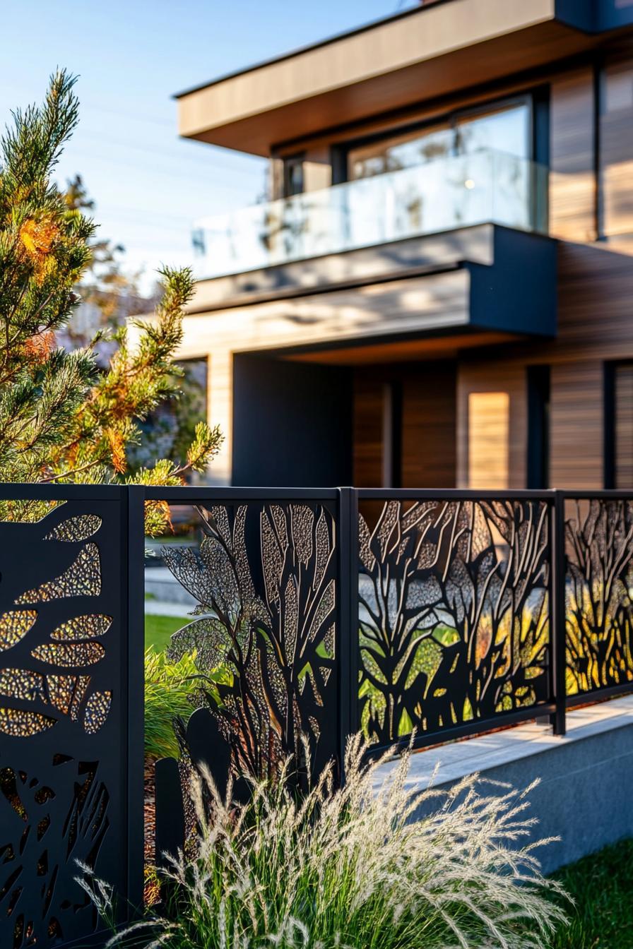 modern house front yard fence with laser cut ornamental metal panels wide view