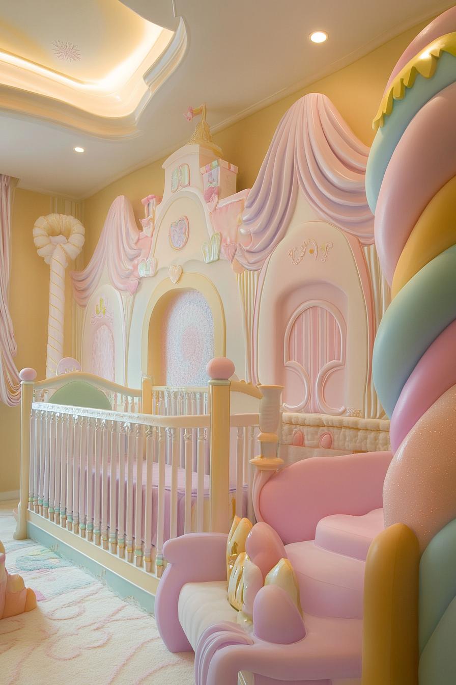 stunningly unique detailed nursery interior in pastel candy land theme