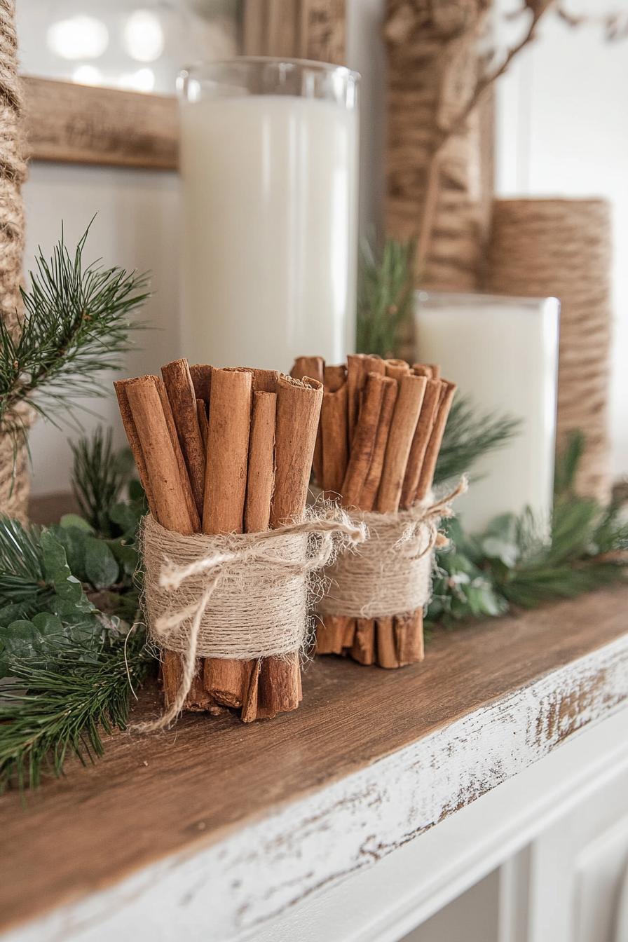 DIY mantel decor with cinnamon stick and twine bundles 1