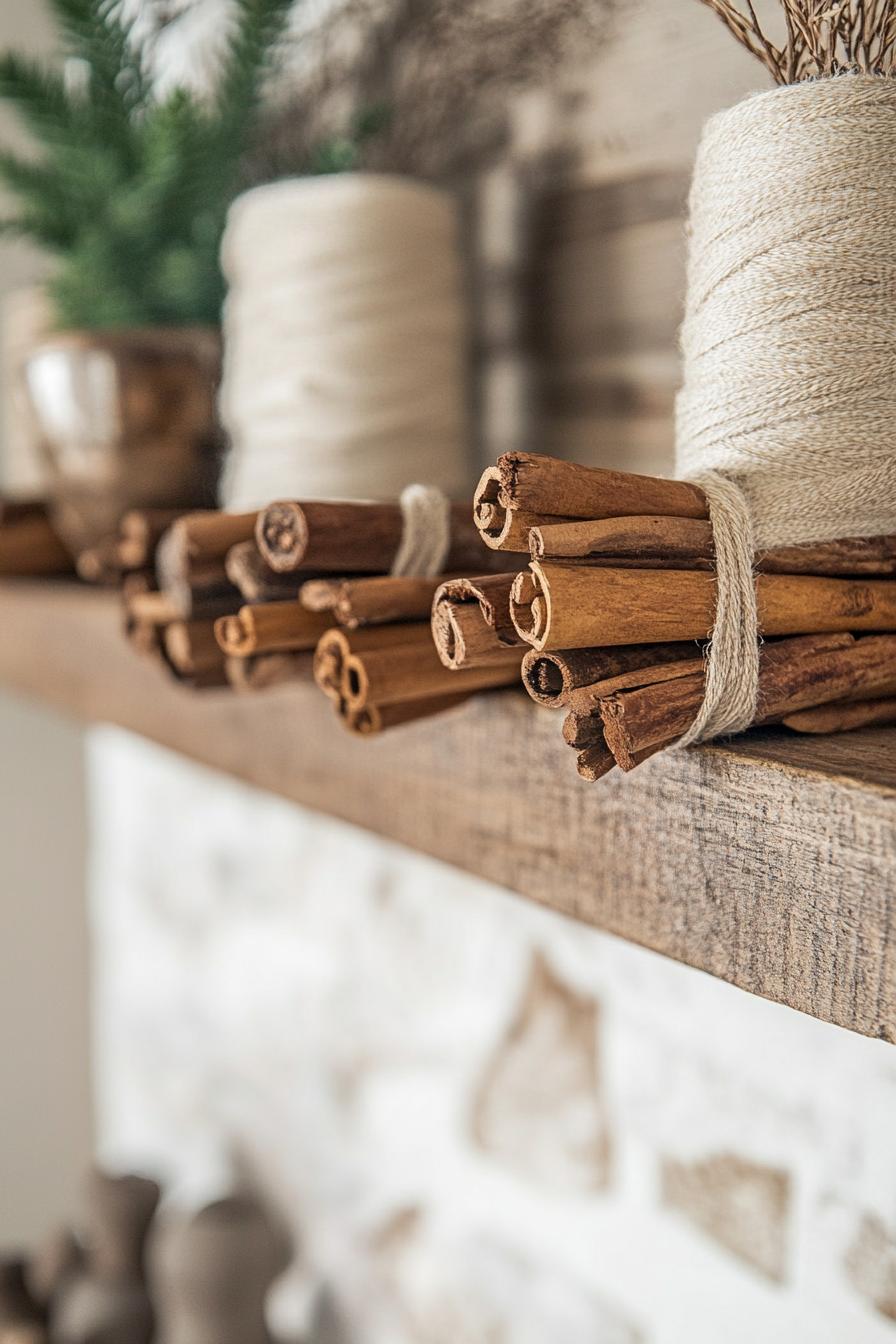 DIY mantel decor with cinnamon stick and twine bundles 2