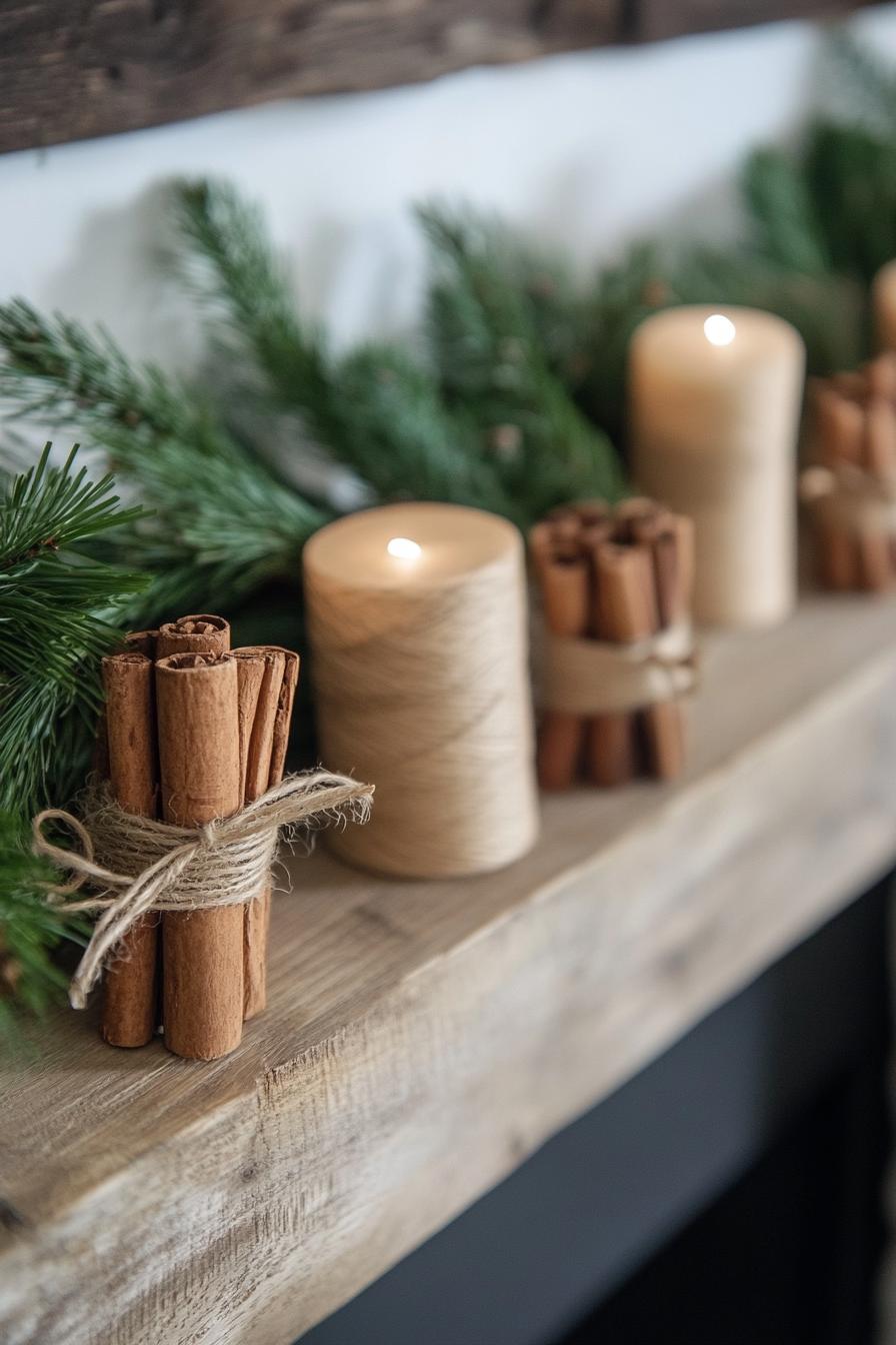 DIY mantel decor with cinnamon stick and twine bundles 3