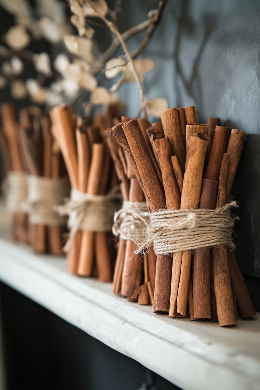 DIY mantel decor with cinnamon stick and twine bundles