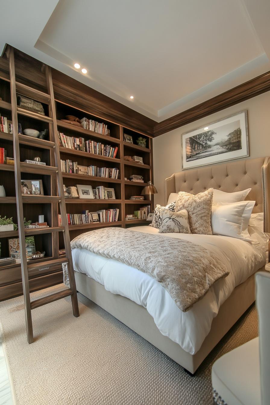 chic bedroom floor to ceiling bookcase with ladder 1