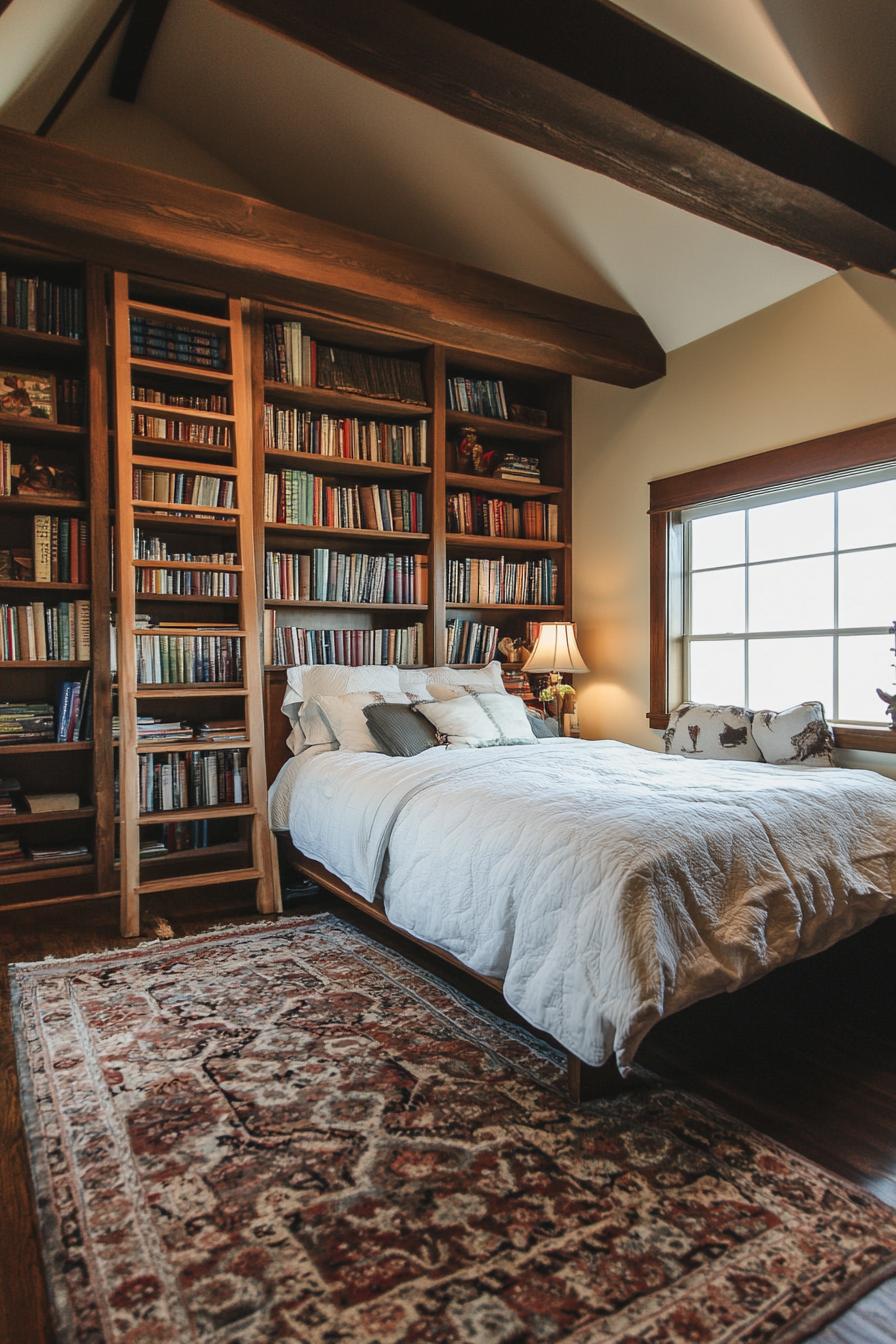 chic bedroom floor to ceiling bookcase with ladder 2