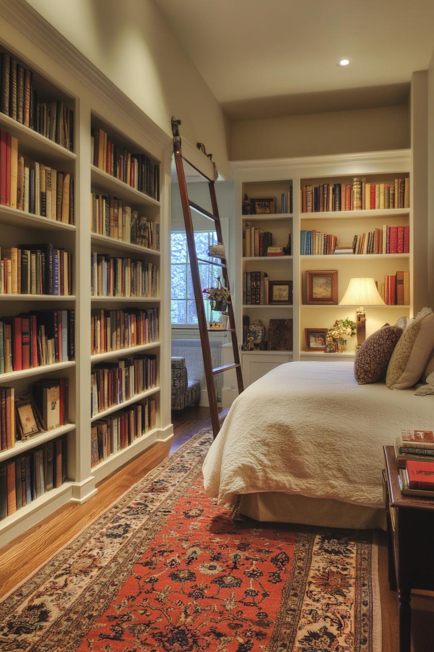 chic bedroom floor to ceiling bookcase with ladder 3