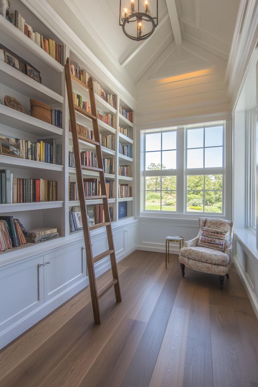 chic bedroom floor to ceiling bookcase with ladder