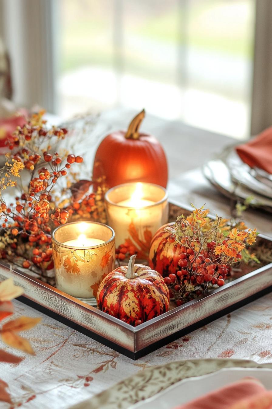 fall decor table centerpiece with vintage tray with candles 1