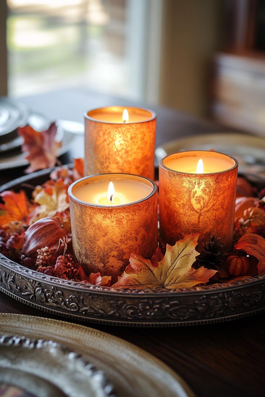 fall decor table centerpiece with vintage tray with candles 2