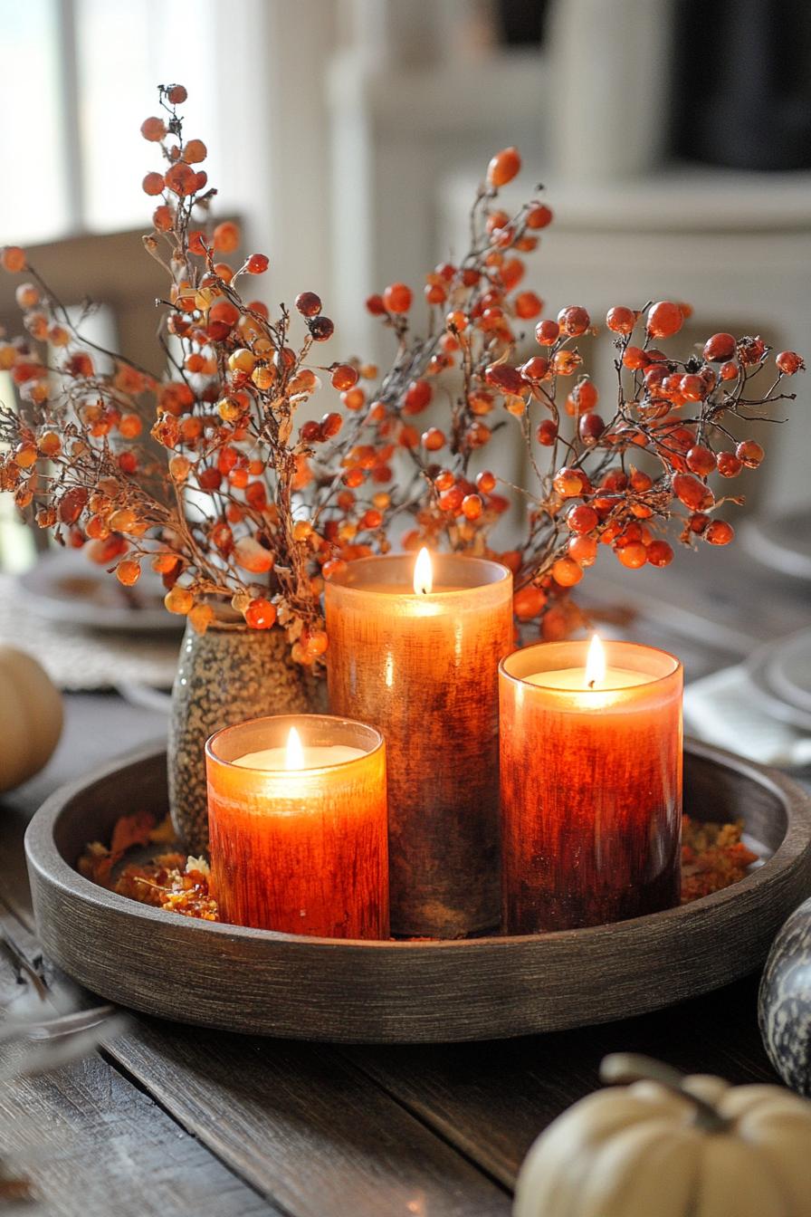 fall decor table centerpiece with vintage tray with candles 3